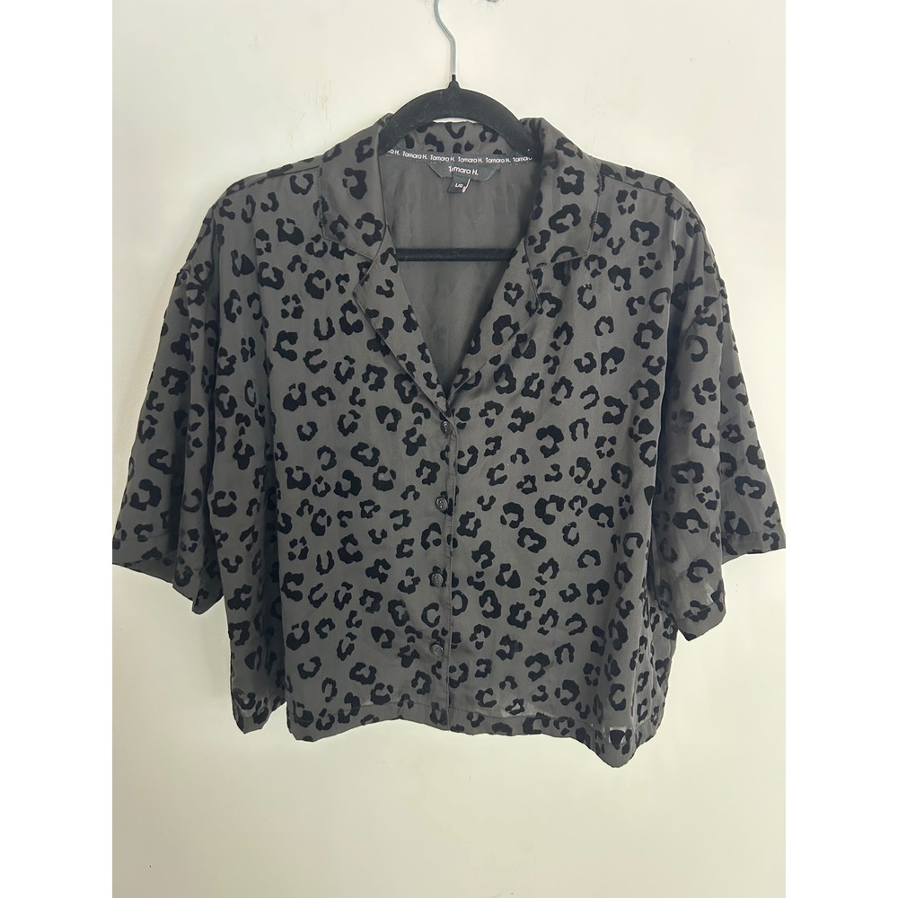 Tamara H. Womens Grey Flocked Leopard Burn Out Button Down Shirt Boxy Fit Large